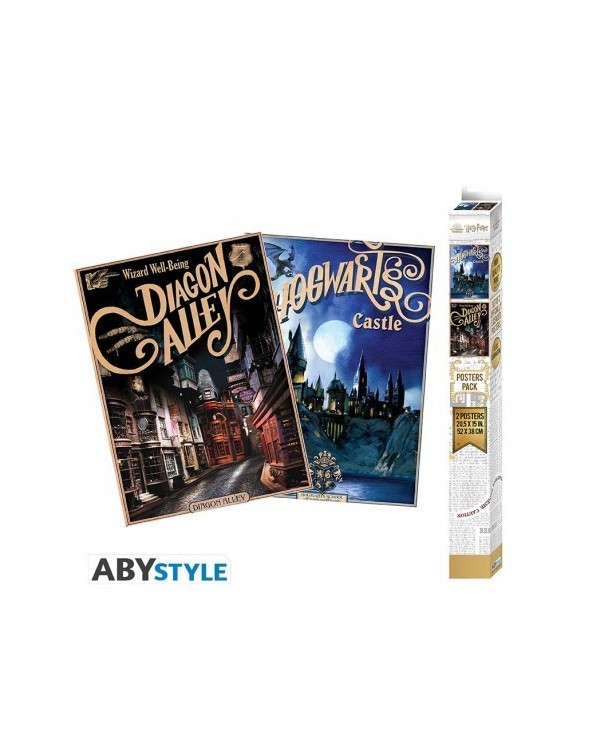 HARRY POTTER - Juego de 2 carteles de Chibi - Retro Hogwarts y Diag...